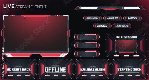 Live Gaming twitch stream red and black neon set of overlay, facecam, panel and background element design