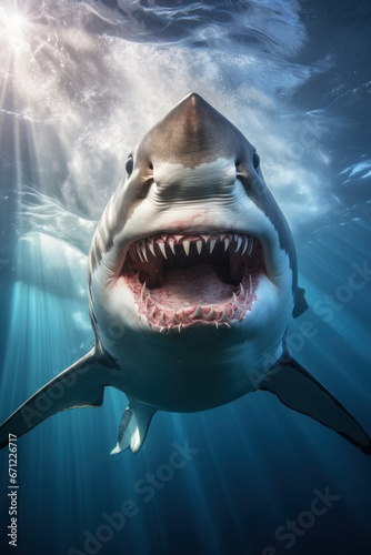 A shark swimming  focus on the fins and teeth  vertical photo