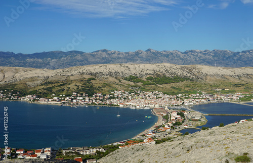 Aerial view to the landscape of the island of Pag and town Pag in Croatia photo