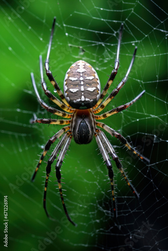 A spider weaving its web, focus on the intricate design. Vertical photo