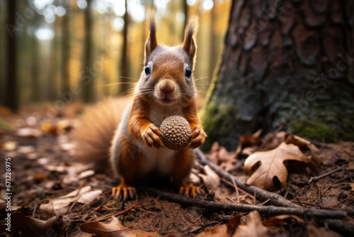 A squirrel holding an acorn, focus on the paws and food