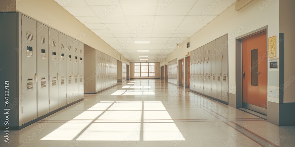 School hallway with lockers - obrazy, fototapety, plakaty 