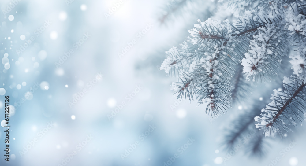 Falling snowflakes, fir tree and Bokeh with white snow on a blue background.