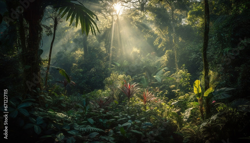 Tranquil scene in the tropical rainforest, lush growth and freshness generated by AI