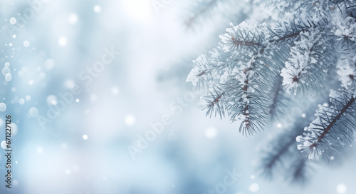 Falling snowflakes  fir tree and Bokeh with white snow on a blue background.