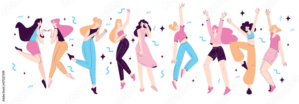 Happy Woman Character Rejoicing and Cheering Vector Set