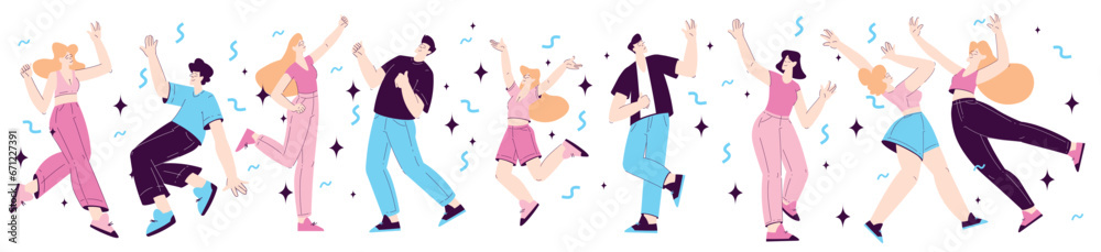 Happy Man and Woman Character Rejoicing and Cheering Among Confetti Vector Set