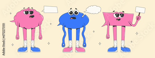 Speech bubble characters set. Trendy retro groovy style and bright colors.