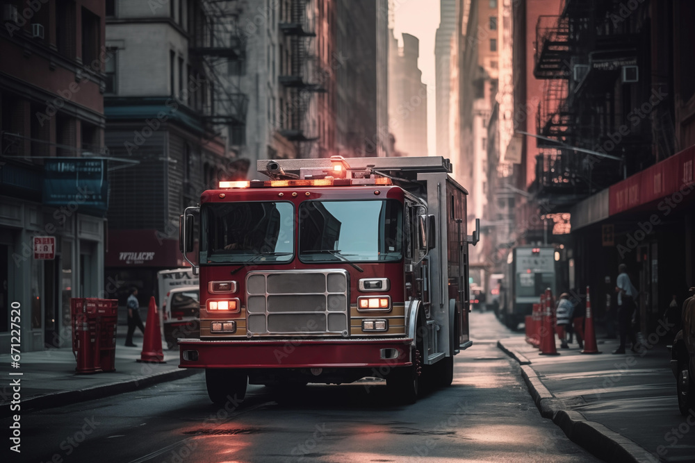 Fototapeta premium Fire Truck in New york. Firefighters Rescue after Fire Alarm went off at building. Firemen at apartment fire. Accodent on Street in NYC, firefighters and extinguish fire, Ai Generative illustration.