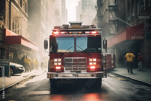 Fire Truck in New york. Firefighters Rescue after Fire Alarm went off at building. Firemen at apartment fire. Accodent on Street in NYC, firefighters and extinguish fire, Ai Generative illustration. photo
