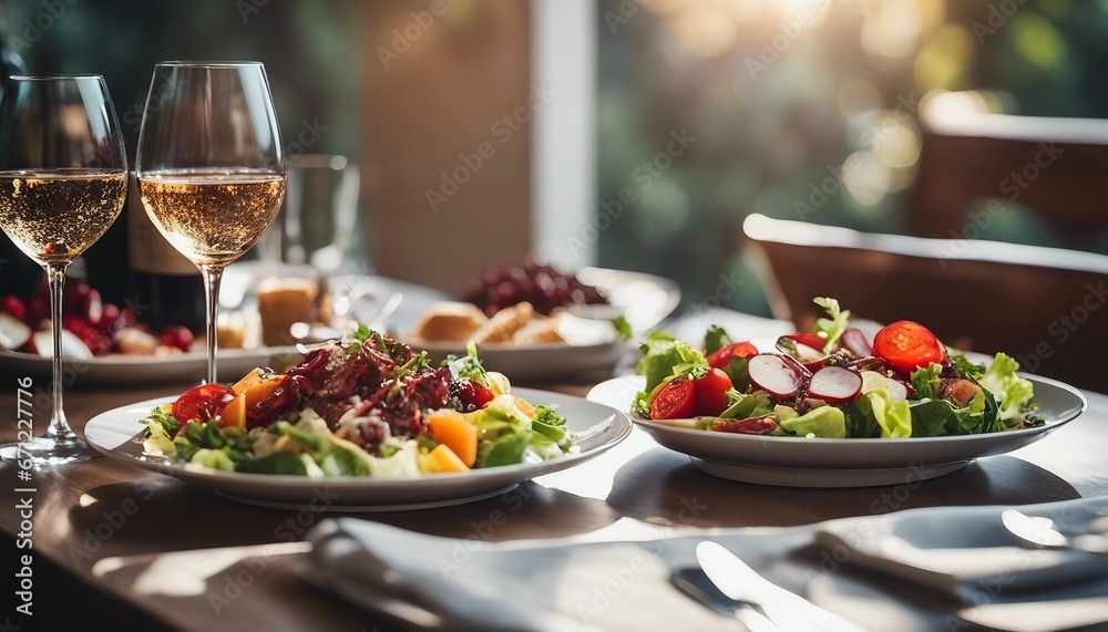 an elegant table with plates of food and wine glasses next to a bowl of salad and a glass of wine
an elegant table with plates of food and wine glasses next to a bowl of salad and a glass of wine