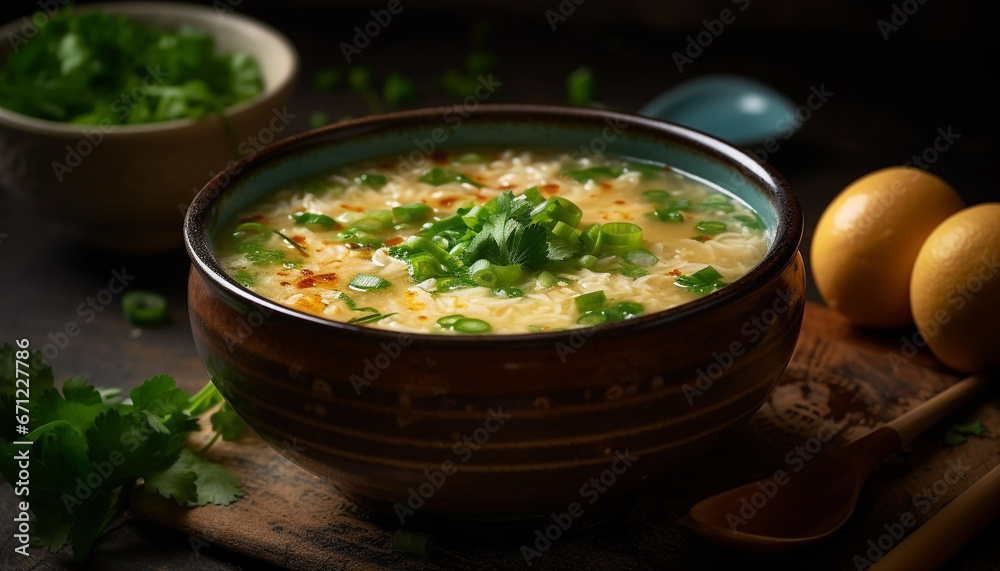 A gourmet vegetarian chowder with fresh organic vegetables and herbs generated by AI