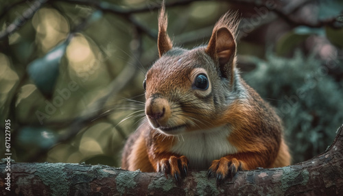 A fluffy rodent sitting on a tree branch, eating peacefully generated by AI