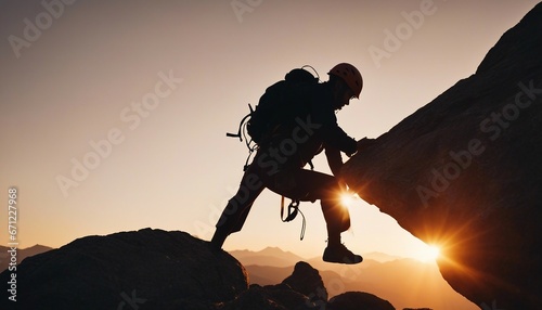 silhouette of a climber climbing a cliffy rocky mountain against the sun at sunset