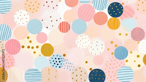 Pois multicolores et dorés, terrazzo, doodle, tampons et superpositions numériques florales, rayé, palette de couleurs audacieuses, emblématique, géométrique. IA générative, IA