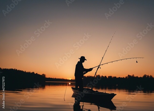 man fishing from a boat with a fishing rod, calm lake, sunset, silhouette   © abu