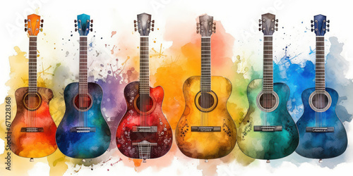 Watercolor drawing of classical guitars on display. Generative AI.
