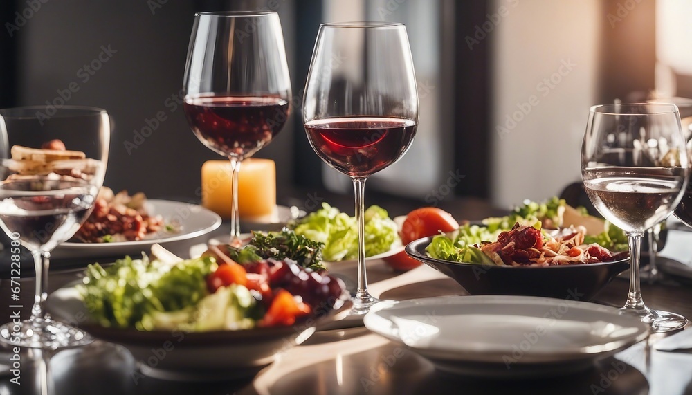 an elegant table with plates of food and wine glasses next to a bowl of salad and a glass of wine

