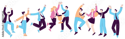 Happy Office Man and Woman Character Rejoicing and Cheering Celebrate Achievement Vector Set