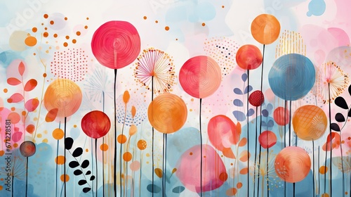 Pois multicolores et dorés, terrazzo, doodle, tampons et superpositions numériques florales, rayé, palette de couleurs audacieuses, emblématique, géométrique. IA générative, IA