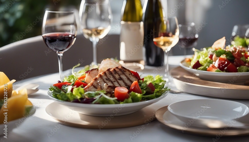 an elegant table with plates of food and wine glasses next to a bowl of salad and a glass of wine

