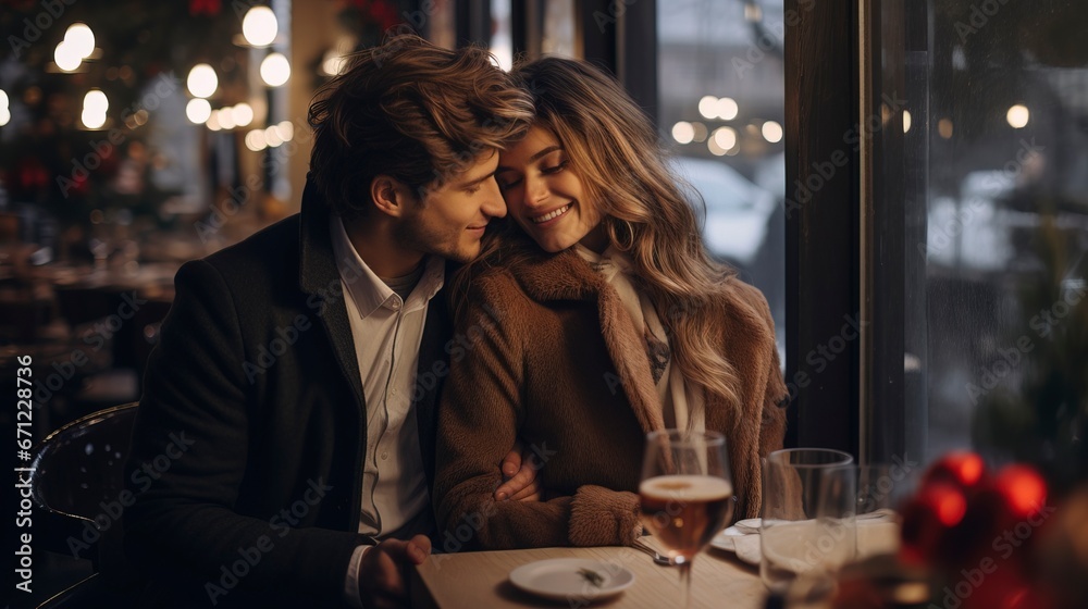Romantic couple in love in a restaurant, atmosphere of love. Generation AI