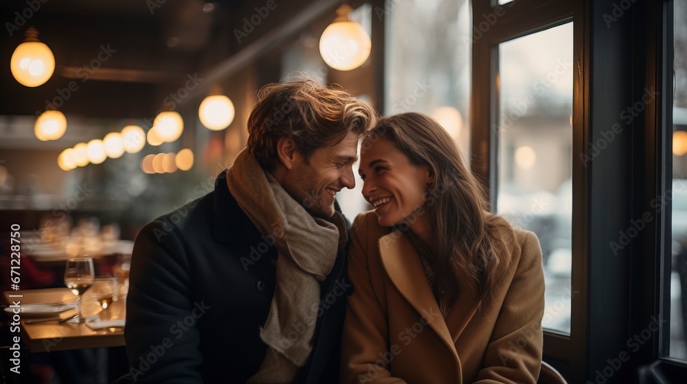 Romantic couple in love in a restaurant, atmosphere of love. Generation AI Romantic couple in love in a restaurant, atmosphere of love. Generation AI