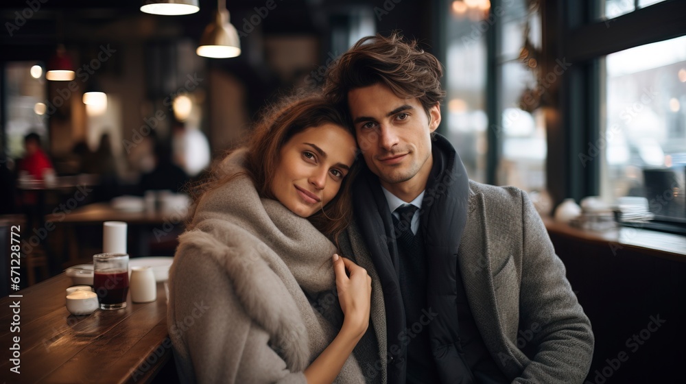 Romantic couple in love in a restaurant, atmosphere of love. Generation AI Romantic couple in love in a restaurant, atmosphere of love. Generation AI
