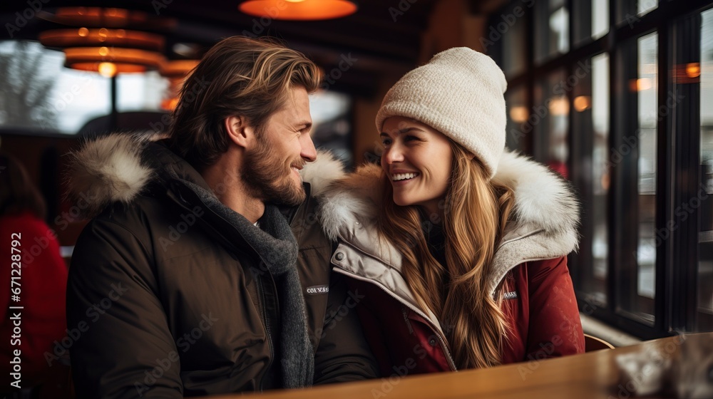 Romantic couple in love in a restaurant, atmosphere of love. Generation AI