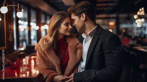 Romantic couple in love in a restaurant, atmosphere of love. Generation AI