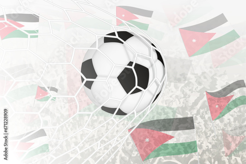 National Football team of Jordan scored goal. Ball in goal net  while football supporters are waving the Jordan flag in the background.