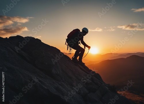 silhouette of a climber climbing a cliffy rocky mountain against the sun at sunset   © abu
