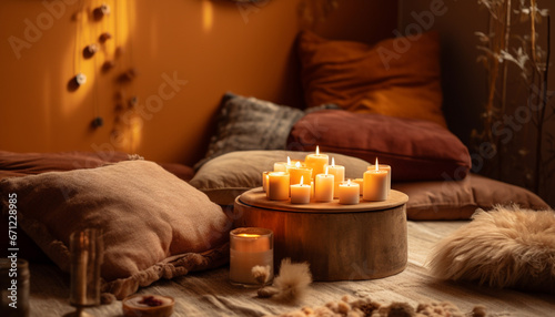 Cozy bedroom spa treatment candlelit relaxation, elegant decor, pampering towel generated by AI