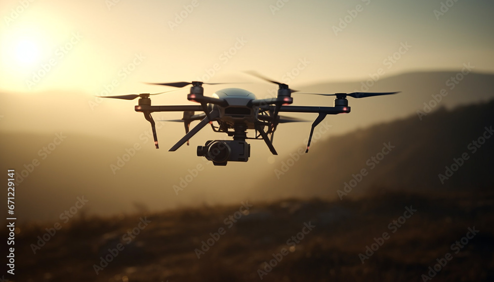Capturing a sunset mid air with a remote controlled drone generated by AI Capturing a sunset mid air with a remote controlled drone generated by AI