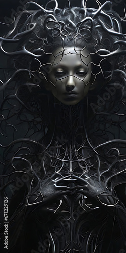 The woman in the middle of the cold, dark vines stares emotionlessly, dominated by deep shadows. Generative Ai © okan