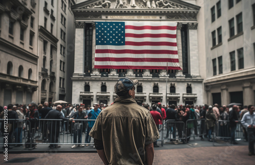 Wall Street in New York. American flag on Building of New York Stock Exchange. Federal Reserve bank and Global banking crisis. Dollar Collapse and exchange rate. Wall Street, Ai generative photo