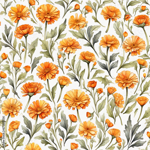 Seamless pattern with calendula flowers. Watercolor illustration