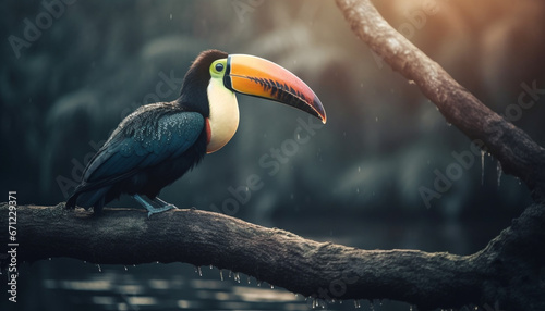 A multi colored toucan perching on a branch in the forest generated by AI