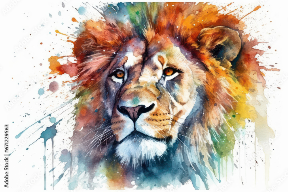 Watercolor drawing of an African Lion. Generative AI.