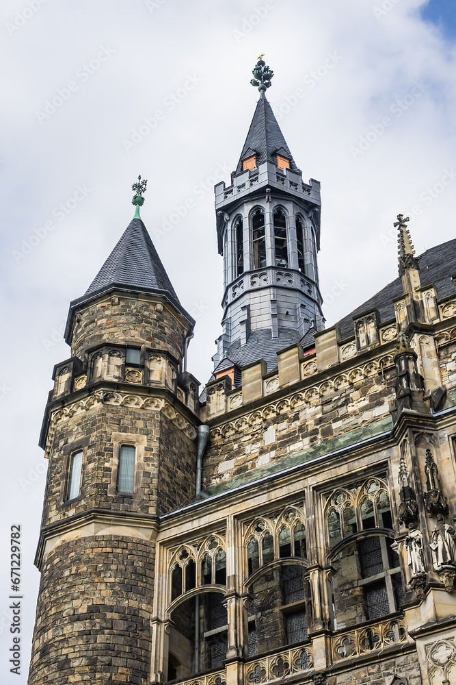 Architectural details of Aachen Town Hall seen from the cathedral. Aachen historical town hall (Aachener Rathaus) was built in the Gothic style in first half of 14th century. Aachen, Germany. 