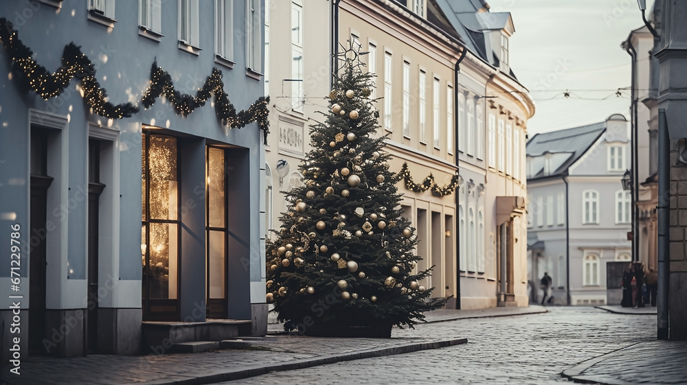 Modern city with Christmas Tree and decorations. Minimalism inspiration, empty by space Modern city with Christmas Tree and decorations. Minimalism inspiration, empty by space