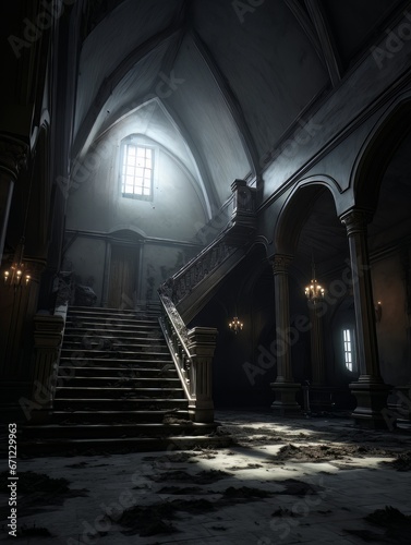 Gothic creepy room with with vintage staircase in haunted castle. AI