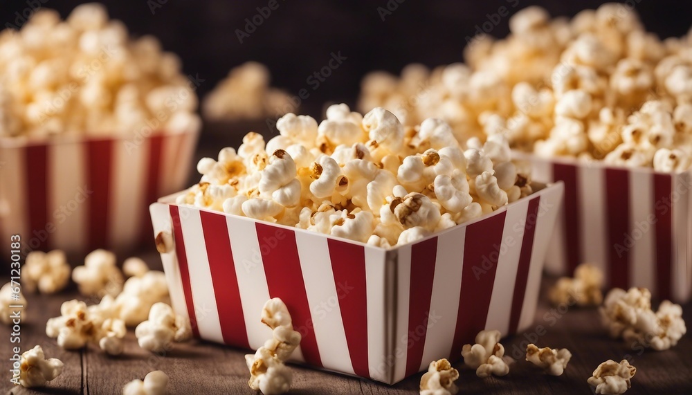Spilled popcorn and paper bucket in red strip box, isolated background
