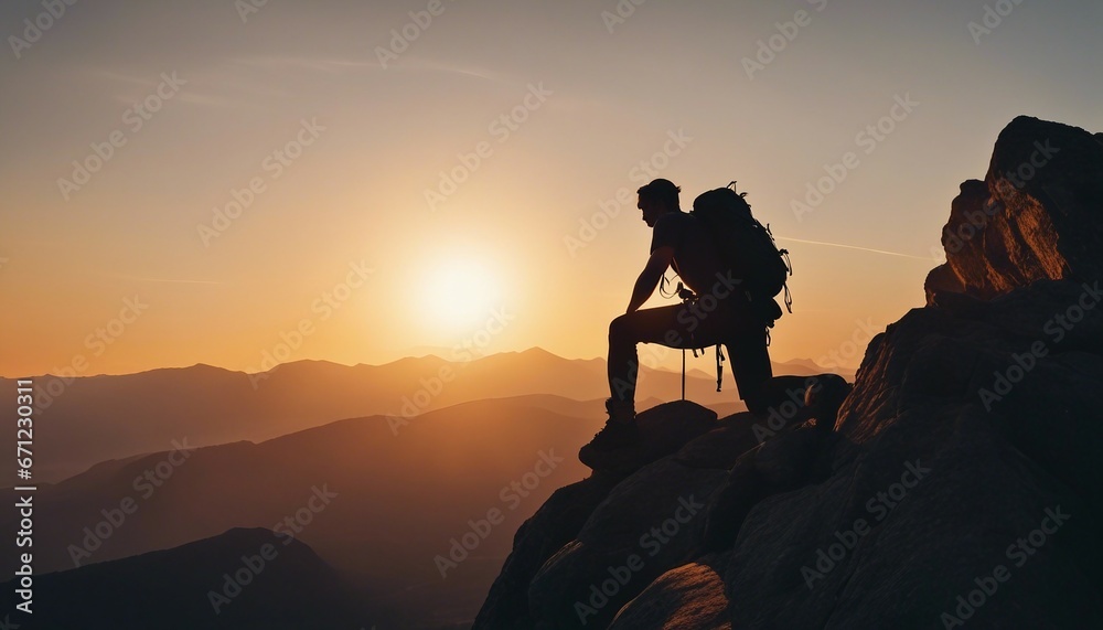 Fototapeta premium silhouette of a climber climbing a cliffy rocky mountain against the sun at sunset