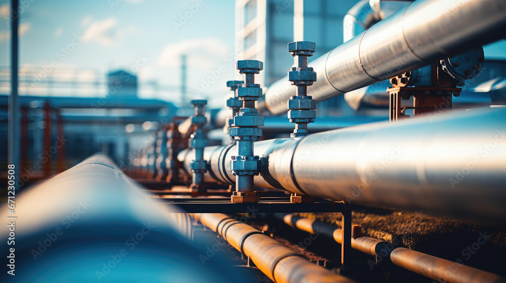 A large oil and gas pipeline in the midst of refining, with blurred background for added focus. A large oil and gas pipeline in the midst of refining, with blurred background for added focus.