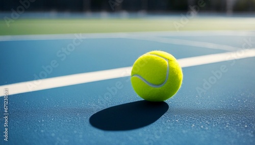 Tennis ball rests on blue tennis court photo