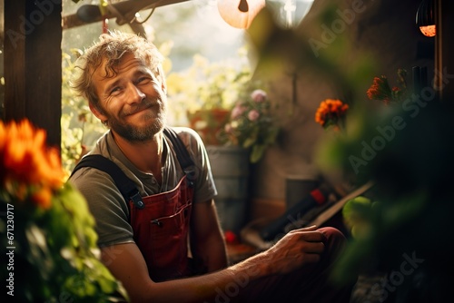 Gärtner an seinem Arbeitsplatz portraitiert | Traumberuf photo