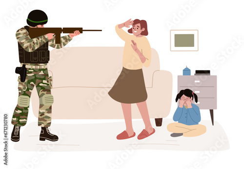 Terrorist aiming a riffle at woman in her home. Terrorism attack. Taking hostage women and children. War, conflict. Killing peaceful population people. Murderer.