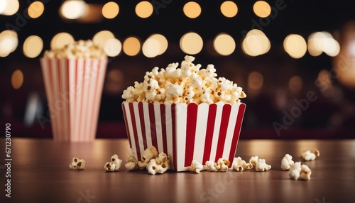 Spilled popcorn and paper bucket in red strip box, isolated background 