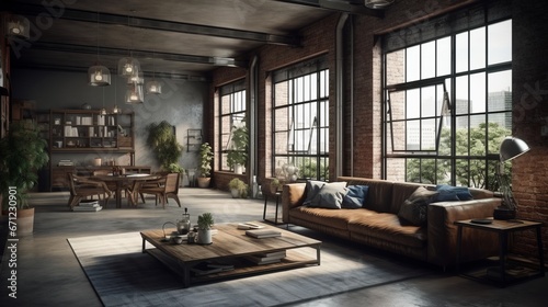 Living room interior in loft  industrial style  3d render. Decor concept. Real estate concept. Art concept.